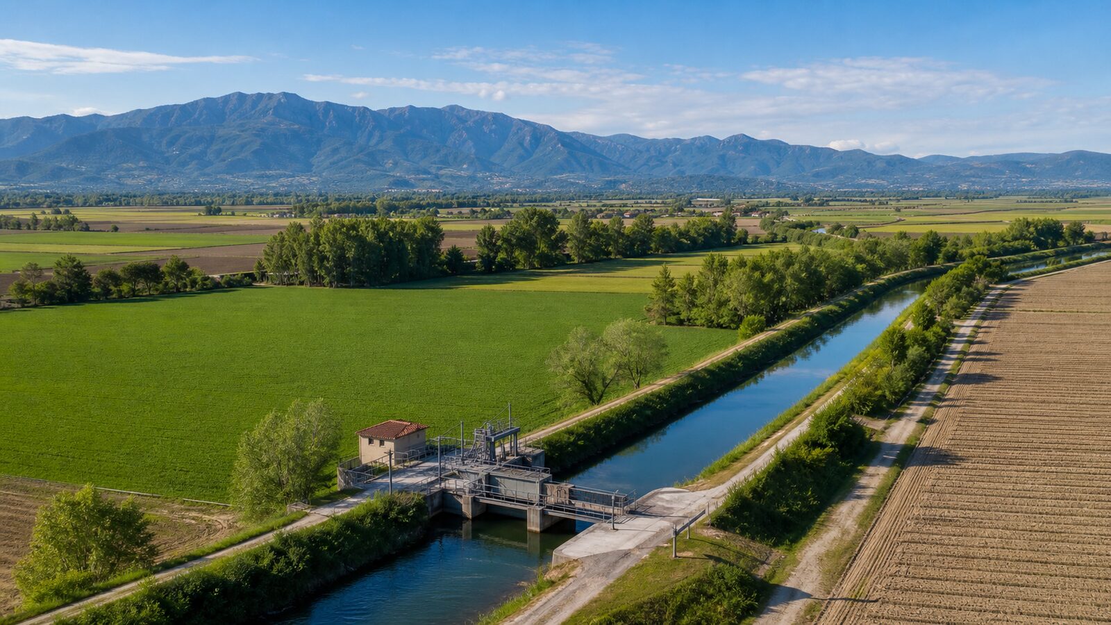 Veduta aerea di un canale irriguo con manufatto di regolazione fra campi coltivati, con le Prealpi sullo sfondo