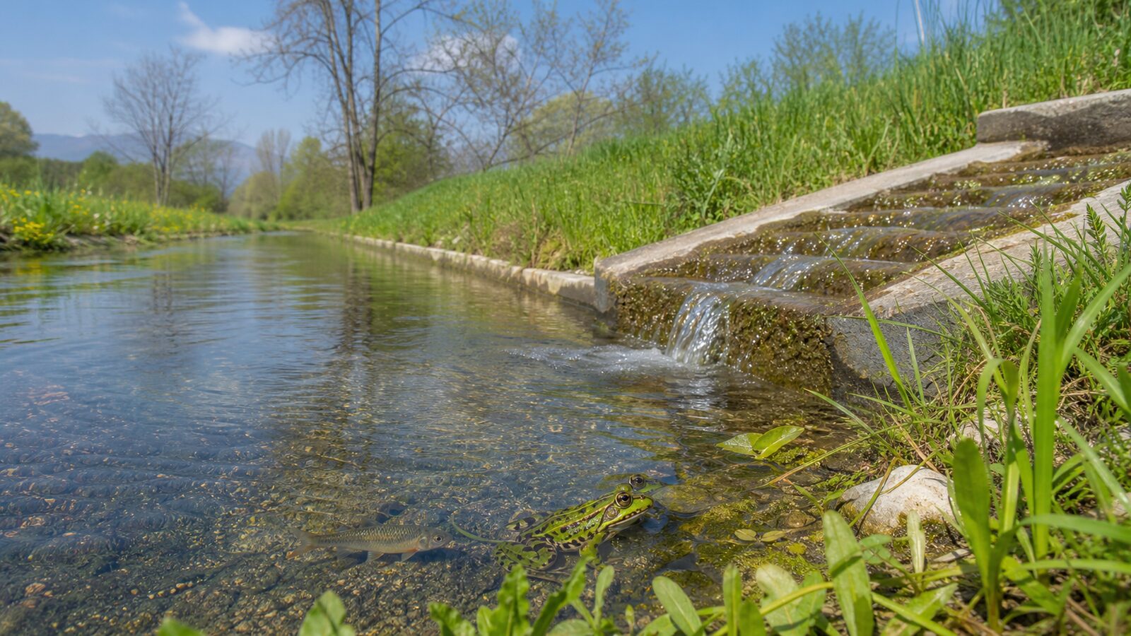 Rana verde e piccolo pesce nell'acqua bassa di un canale irriguo, accanto a una soglia in cemento con salto d'acqua