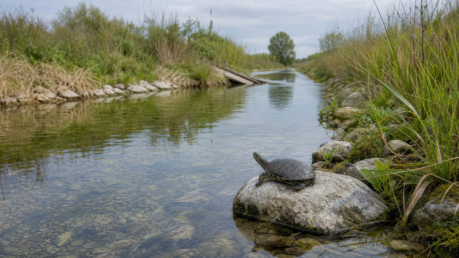 Testuggine palustre al sole su un masso affiorante dall'acqua limpida di un canale irriguo