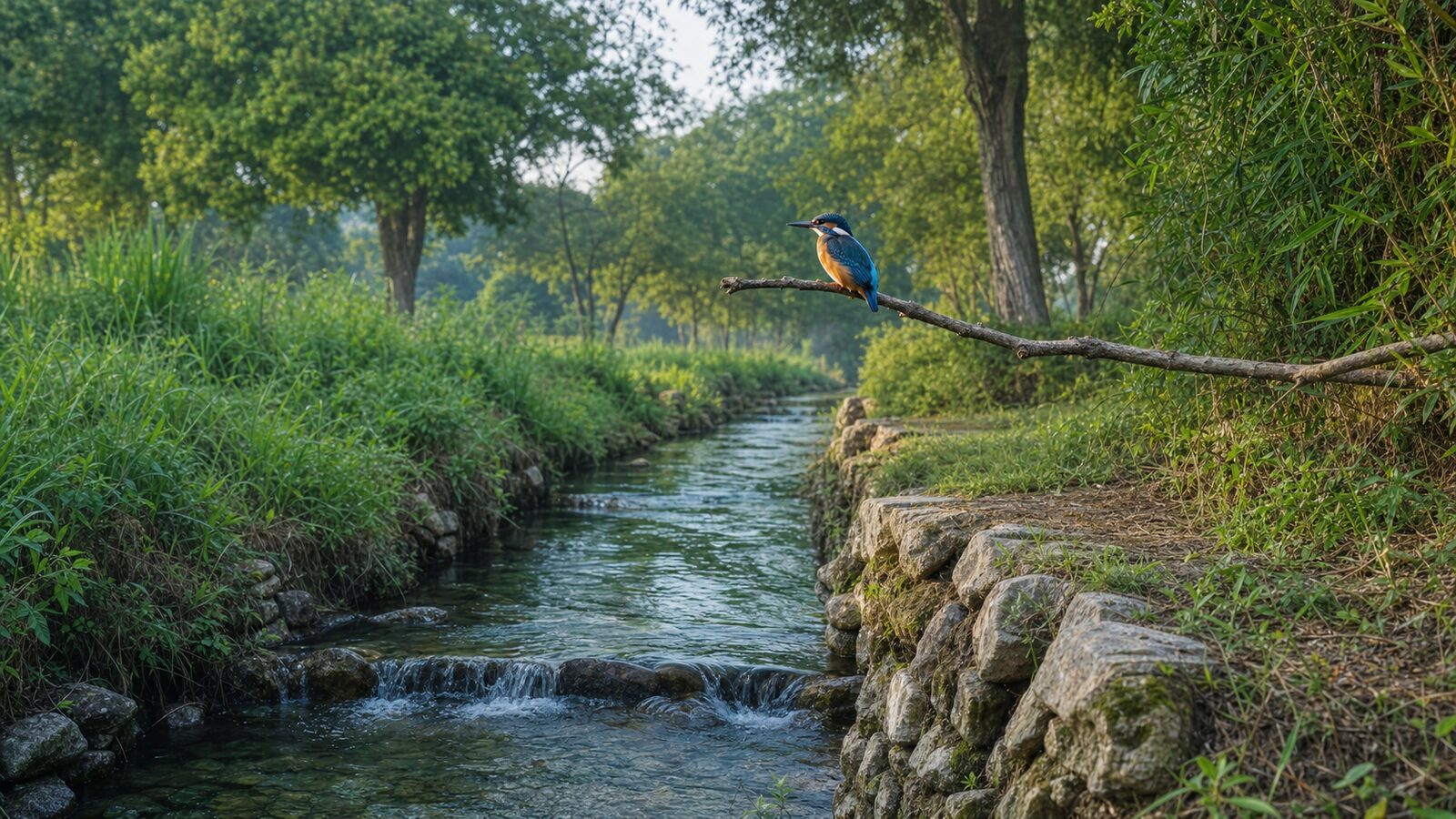 Martin pescatore posato su un ramo sopra un canale irriguo, con un piccolo salto d’acqua fra le rive inerbite