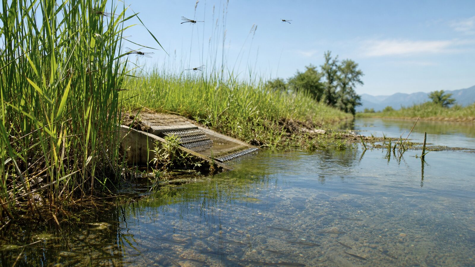 Libellule in volo sopra un canale irriguo, accanto a una griglia di presa in cemento fra la vegetazione ripariale